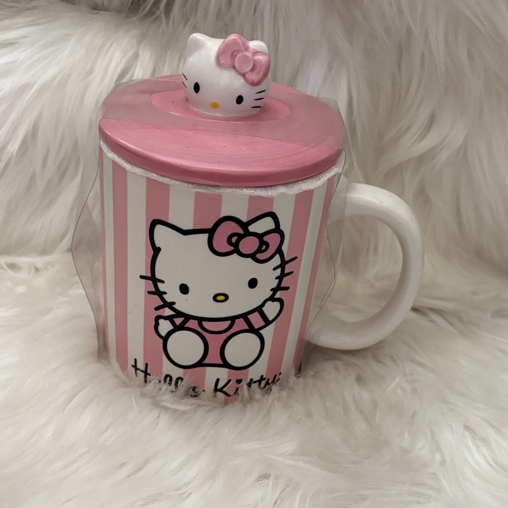 Hello Kitty Pink and White Striped Ceramic Mug with Lid